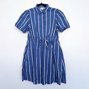 J. Crew Blue Cotton Striped Collared Short-Sleeve Tie-Waist Mini Dress Sz 6